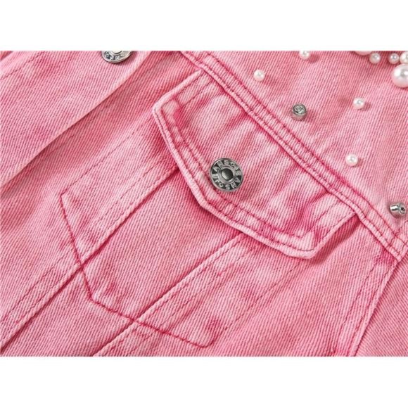 Women's Embroidered Rivet Pearl Short Denim Jacket Coat Pink - Picture 4 of 6